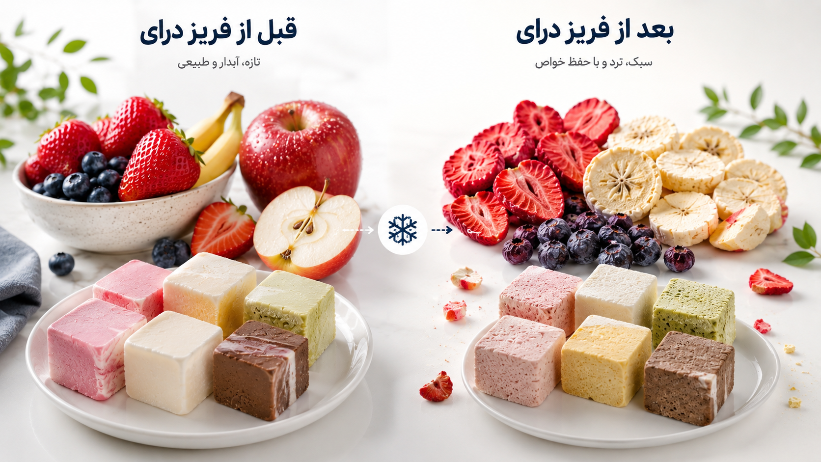 مقایسه تصویری میوه و بستنی پیش و پس از فریزدرای